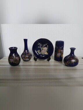 Vtg Japanese Kutani Style Miniature Vases Trinket Dish Lot Cobalt Blue & Gold